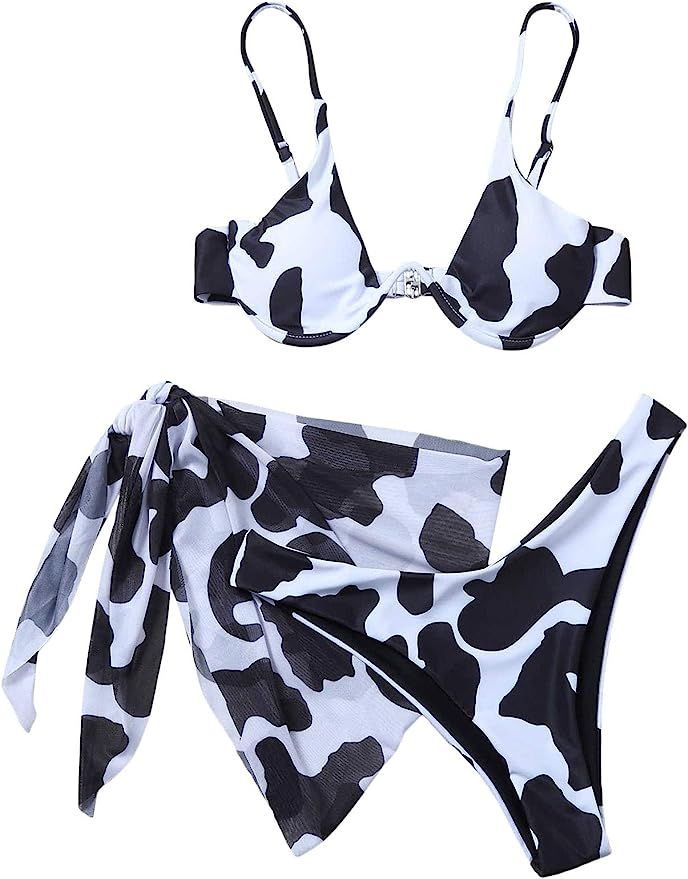 SweatyRocks Women's Cow Print Underwire Swimsuit Bikini Set 3 Piece Bathing Suit with Wrap Skirt | Amazon (US)