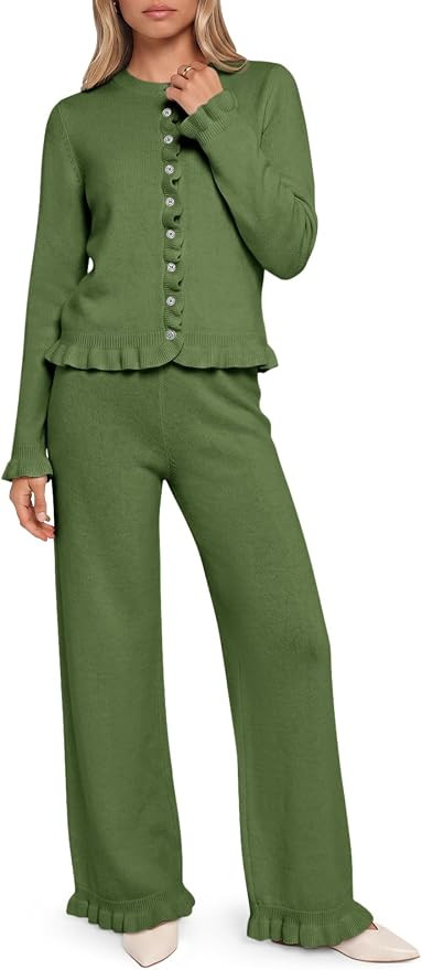 Saodimallsu Womens Ruffle Sweater Lounge Set Button Knit 2 Piece Outfits | Amazon (US)