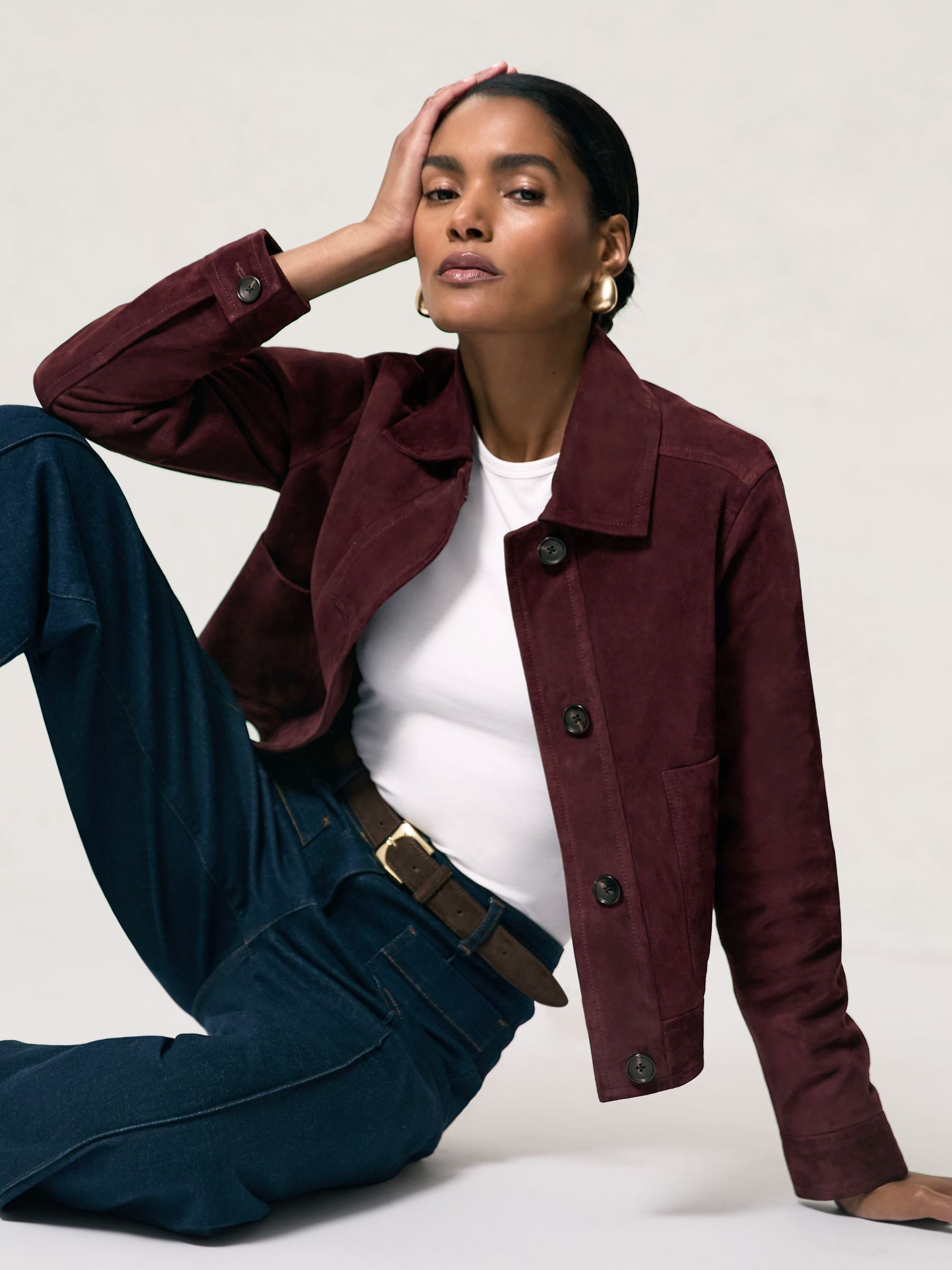 Suede Button-Through Jacket in Burgundy | Reiss UK