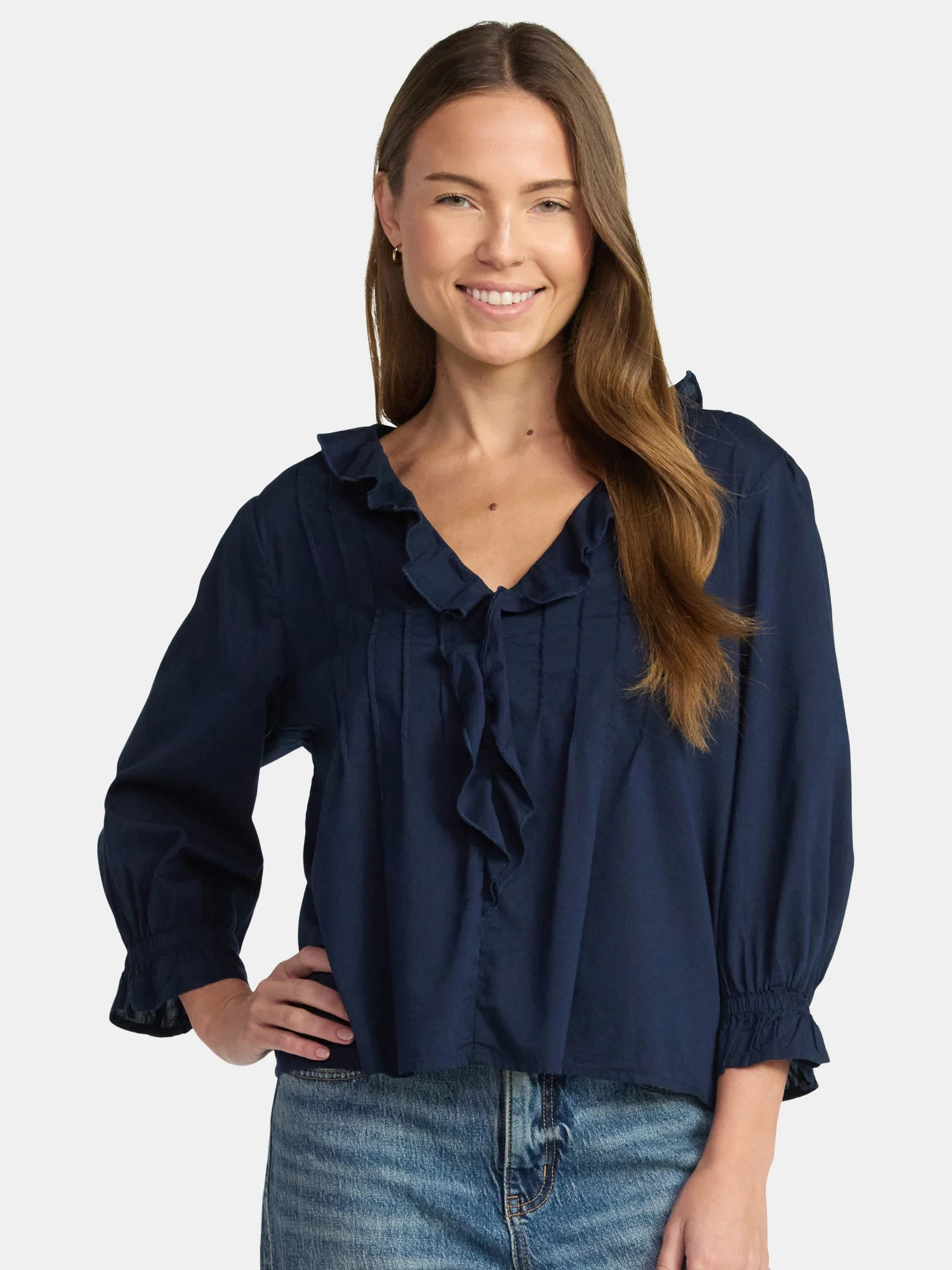 Time and Tru Women's Ruffle Neck Blouse with 3/4-Length Sleeves, Sizes XS-XXXL | Walmart (US)