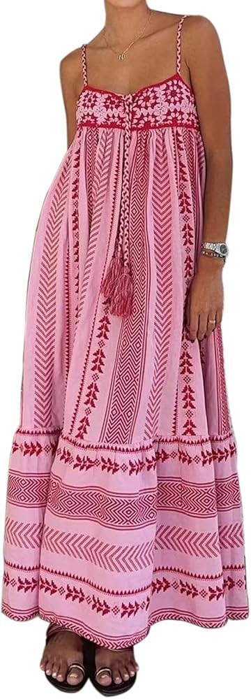 Women Boho Maxi Dress Crochet Patchwork Sleeveless Long Flowy Swing Dress Pink Beach Sundresses | Amazon (US)