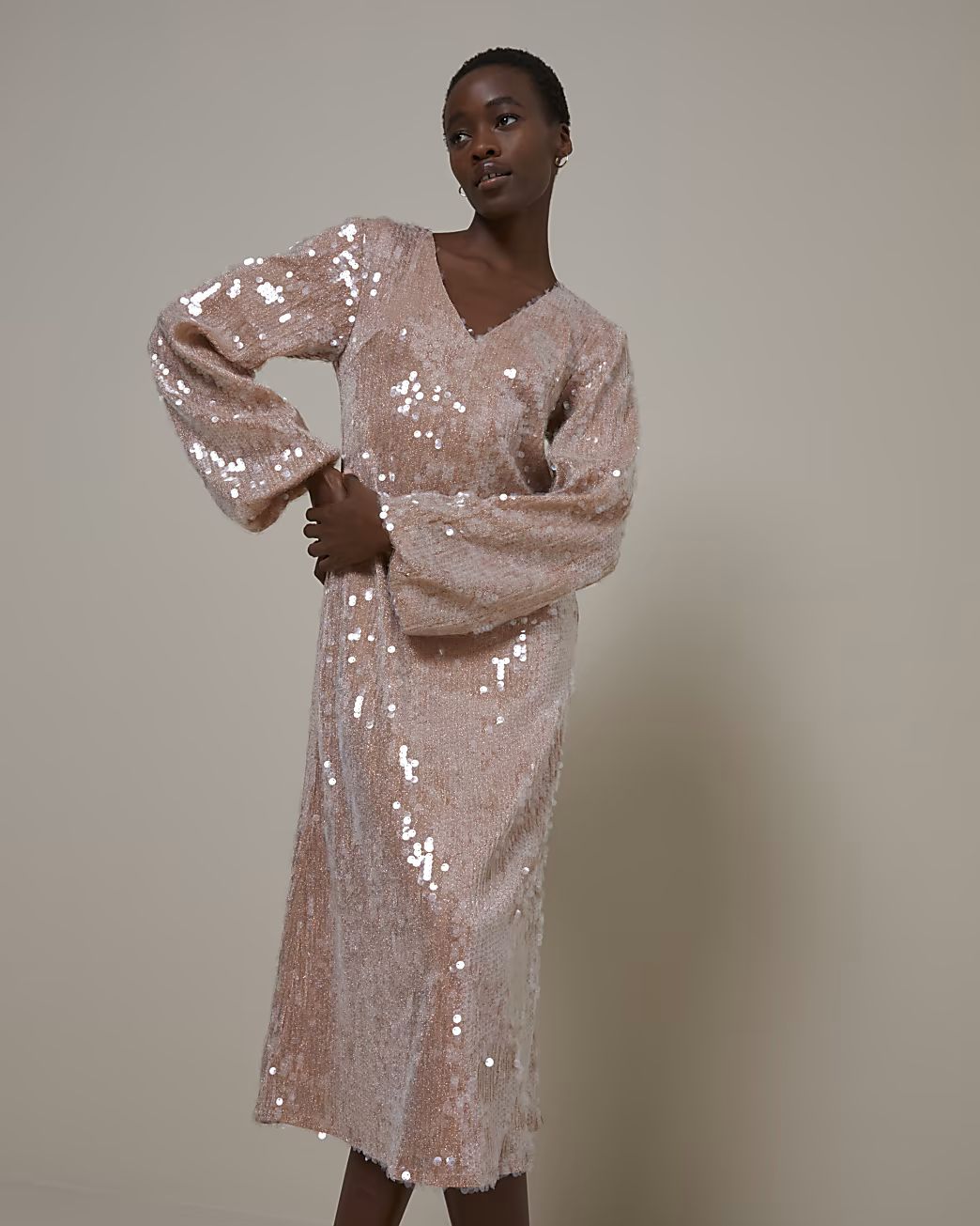 River Island Womens Pink RI Studio Sequin Midi Dress | River Island (US)