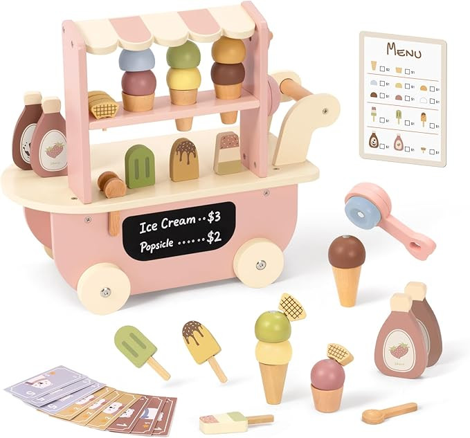 OOOK Wooden Ice Cream Cart for Kids, Ice Cream Truck Toy with Scooper & Wheels, Play Kitchen Acce... | Amazon (US)