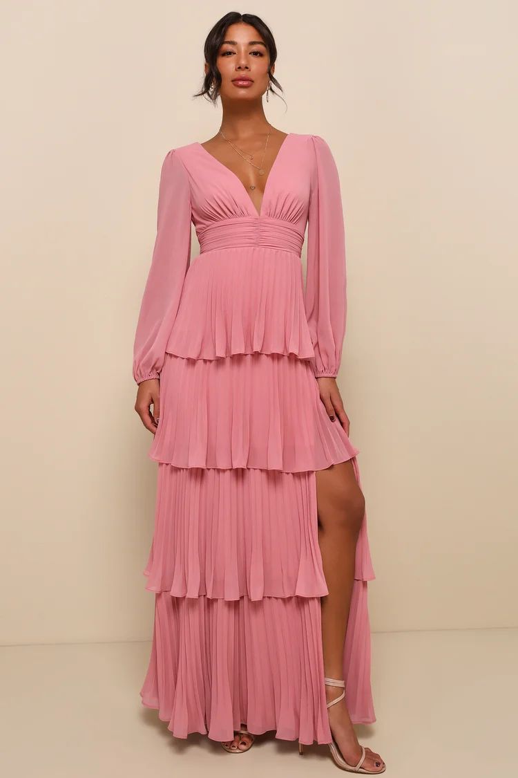 Graceful Finesse Dusty Rose Pleated Long Sleeve Maxi Dress | Lulus