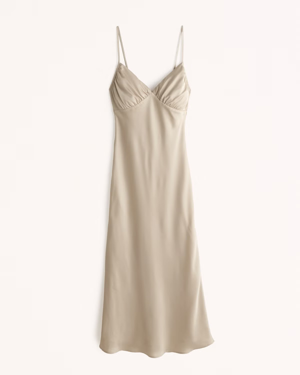Ruched Satin Slip Midi Dress | Abercrombie & Fitch (US)