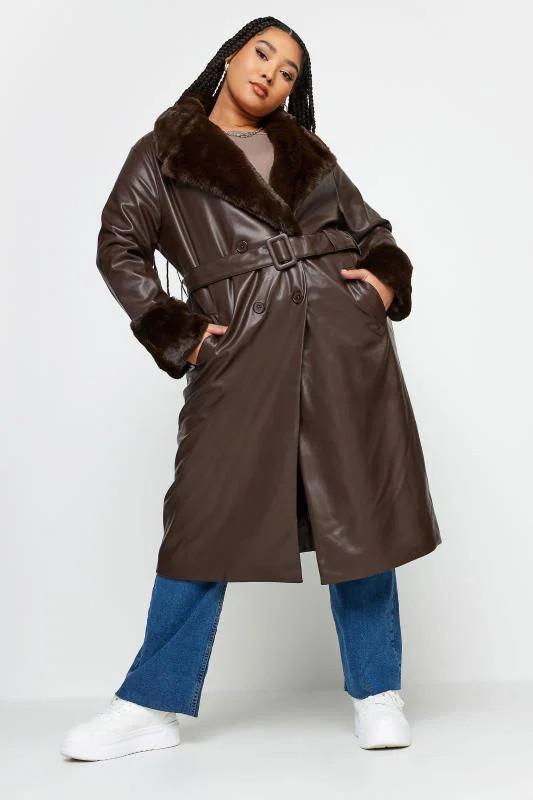 YOURS Plus Size Brown Faux Fur Trim Trench Coat | Yours Clothing UK
