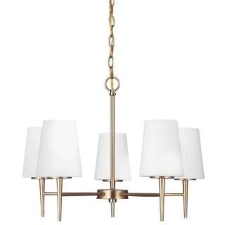 Driscoll 5-Light Satin Brass Mid-Century Modern Hanging Single Tier Chandelier with Inside Etched... | The Home Depot