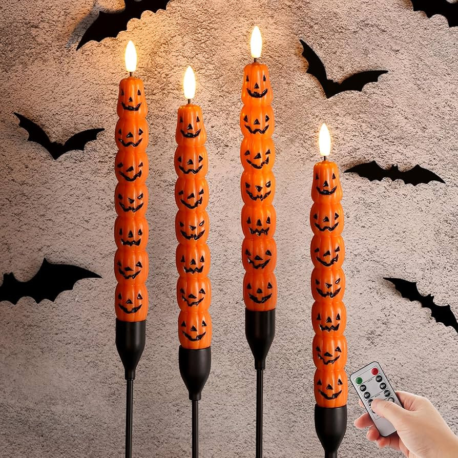 Orange Pumpkin Halloween Flameless Taper Candles with Remote, Flickering Spooky LED Wax Candlesti... | Amazon (US)