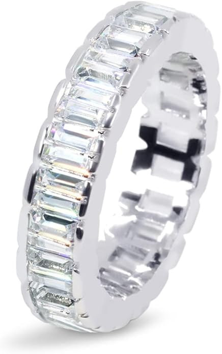 Savlano 18K White Gold Plated Cubic Zirconia Emerald Cut Eternity Ring Band for Women Men | Amazon (US)