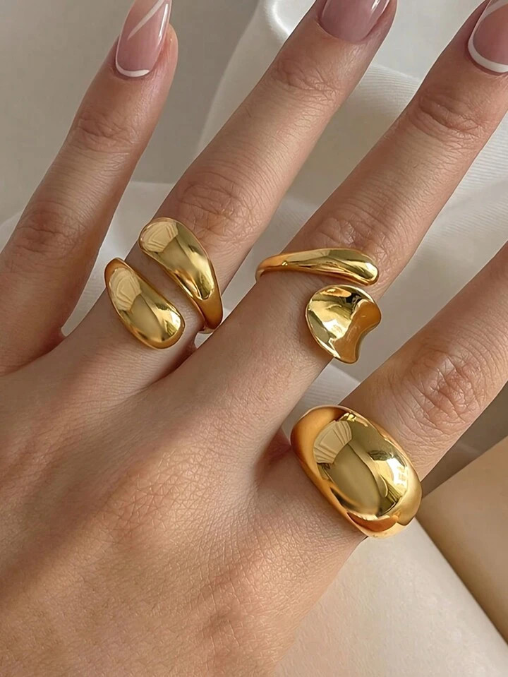 17KM 3pcs Fashionable Simple Elegant Exquisite Retro Wide Metal Style Statement Rings Set, Asymme... | SHEIN