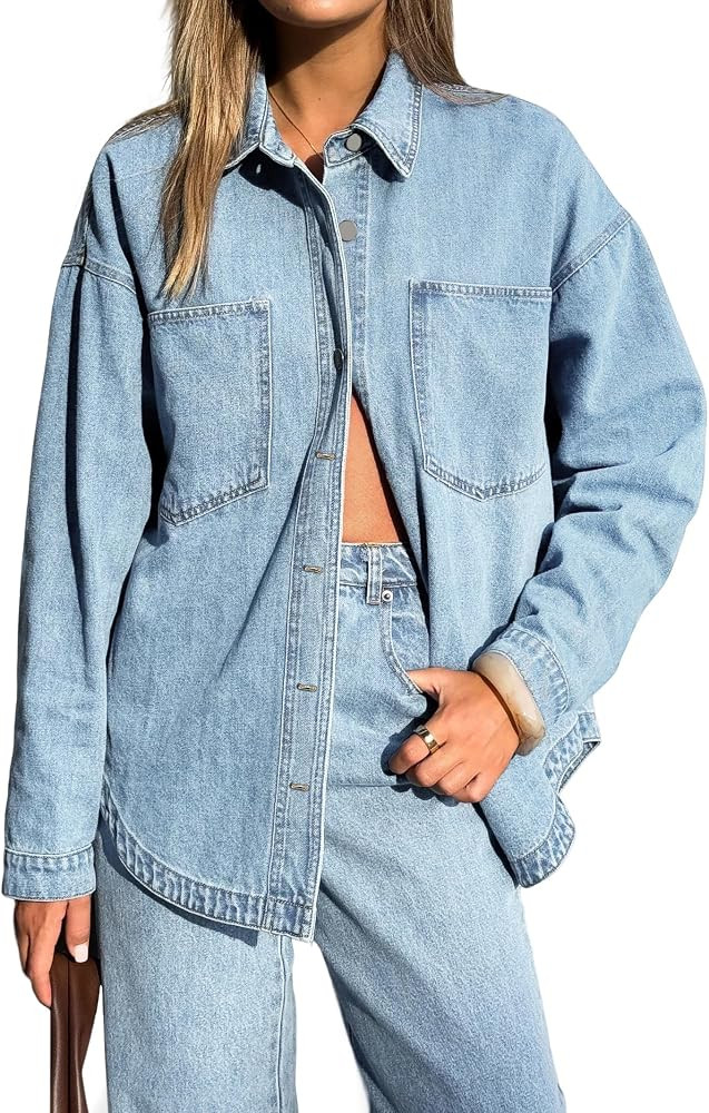 EMMIOL Women Denim Shirts Oversized Long Sleeve Button Down Blouse Distressed Jean Jacket Fall Ou... | Amazon (US)