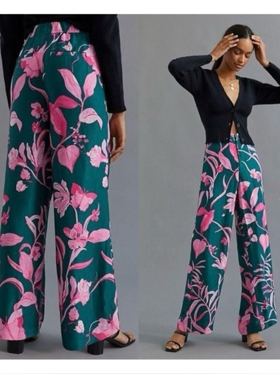 NWOT Anthropologie Tropical Floral Breezy Wide Leg Pants in Green & Pink  Size 4 | Poshmark
