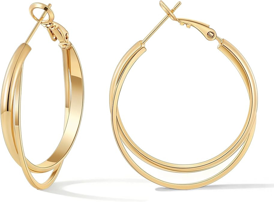 Gacimy 14K Gold Plated Criss Cross Hoop Earrings for Women, 3mm Wide Double Layer Flat Crossover ... | Amazon (US)