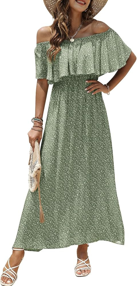 Bluetime Womens Maxi Dress Off Shoulder Floral Print Boho Beach Long Summer Dresses | Amazon (US)