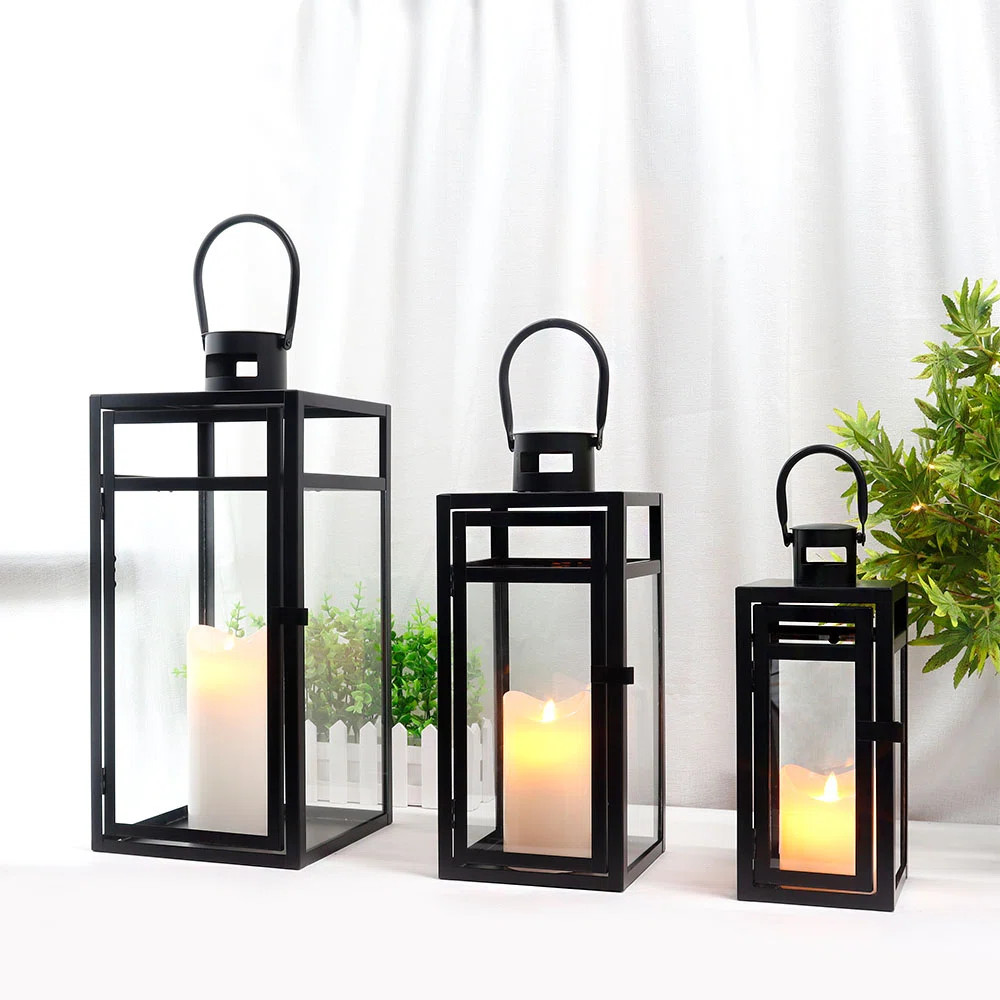 3pcs Black Metal Candle Lantern - Assorted Sizes (48/38/30cm High) | Wayfair UK