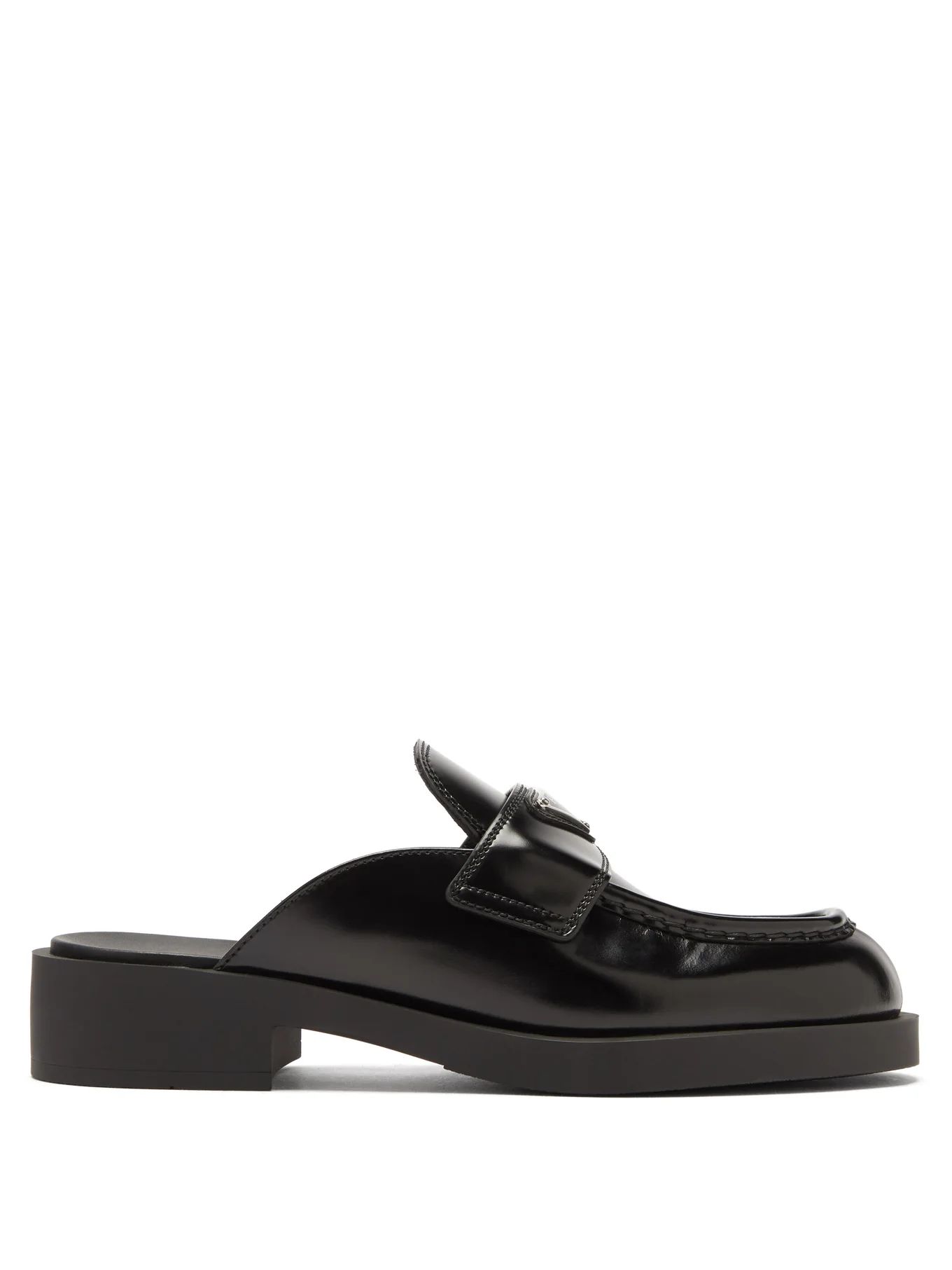 Triangle logo-plaque leather backless loafers | Prada | Matches (US)