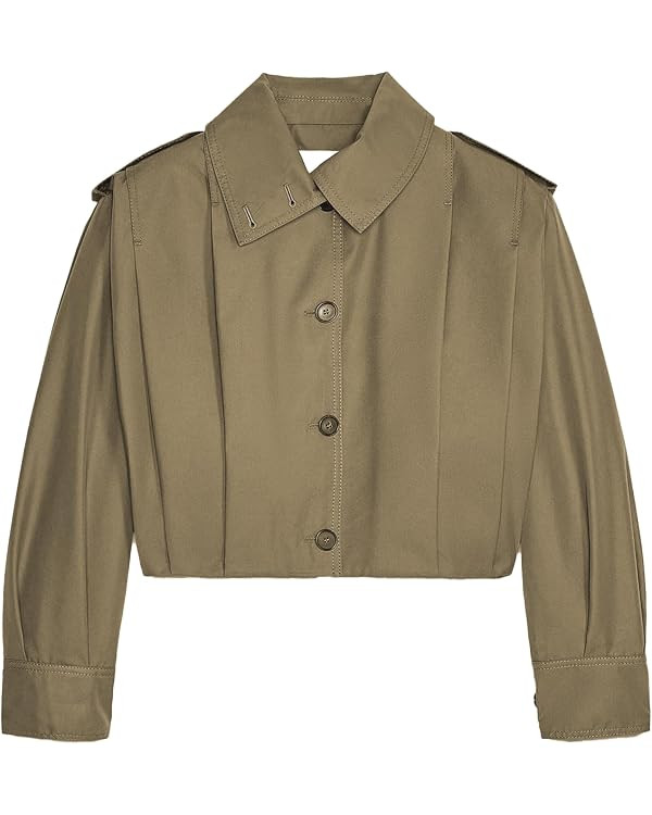HOULENGS Women's Cropped Trench Coat Casual Long Sleeve Button Down Lapel Short Pleated Jacket Fa... | Amazon (US)