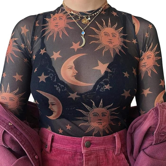 MIZOK Women's Long Sleeve See Through Shirts Angel Print Sexy Sheer Mesh Crop Tops | Amazon (US)
