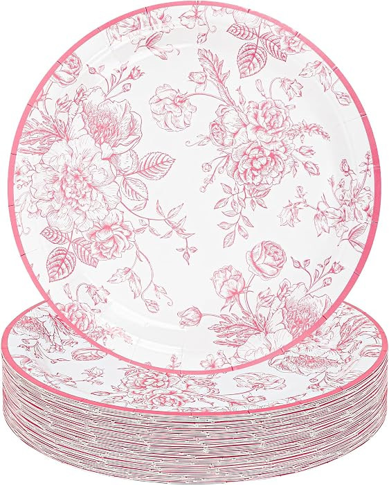 48Pcs Pink Floral Paper Plates Vintage Flower Disposable Party Plates Wildflower Pink Toile 7" Ro... | Amazon (US)