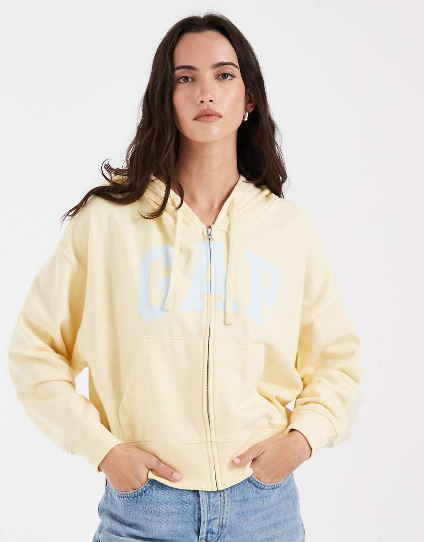 GAP logo cropped zip through hoodie in butter yellow | ASOS (Global)