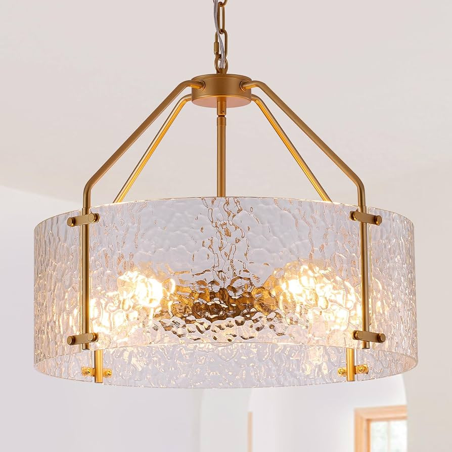Glass Drum Gold Chandelier for Dining Room 20'' Entryway Light Fixture 5-Light Kitchen Chandelier... | Amazon (US)