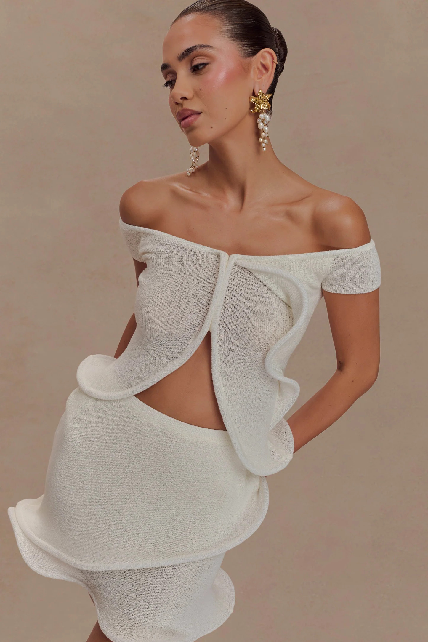 Haisley Off Shoulder Knit Top - Ivory | Meshki UK