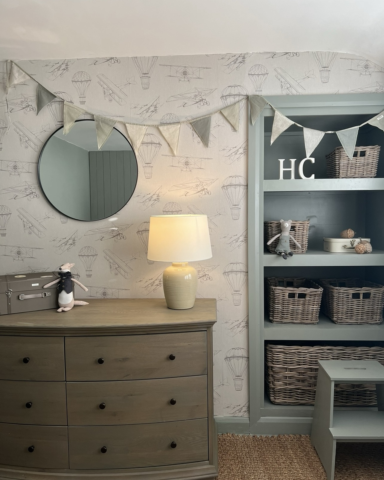 Boys bedroom 🩶

Panelling painted in Farro and Ball pigeon 
Wallpaper is newbie up in the sky

Bedroom furniture Cotswold company alternatives linked x