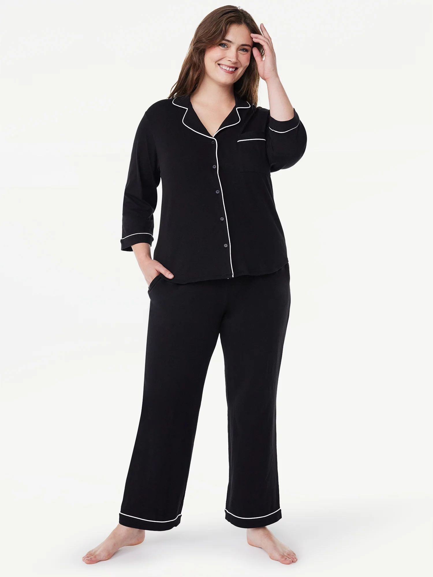 Joyspun Women’s Knit Notch Collar Top and Pants Pajama Set, 2-Piece, Sizes S to 4X - Walmart.co... | Walmart (US)