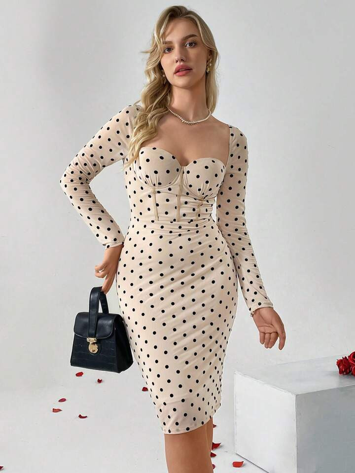 SHEIN Privé Ladies' Polka Dot Pattern Slim Fit Long Sleeve Dress | SHEIN