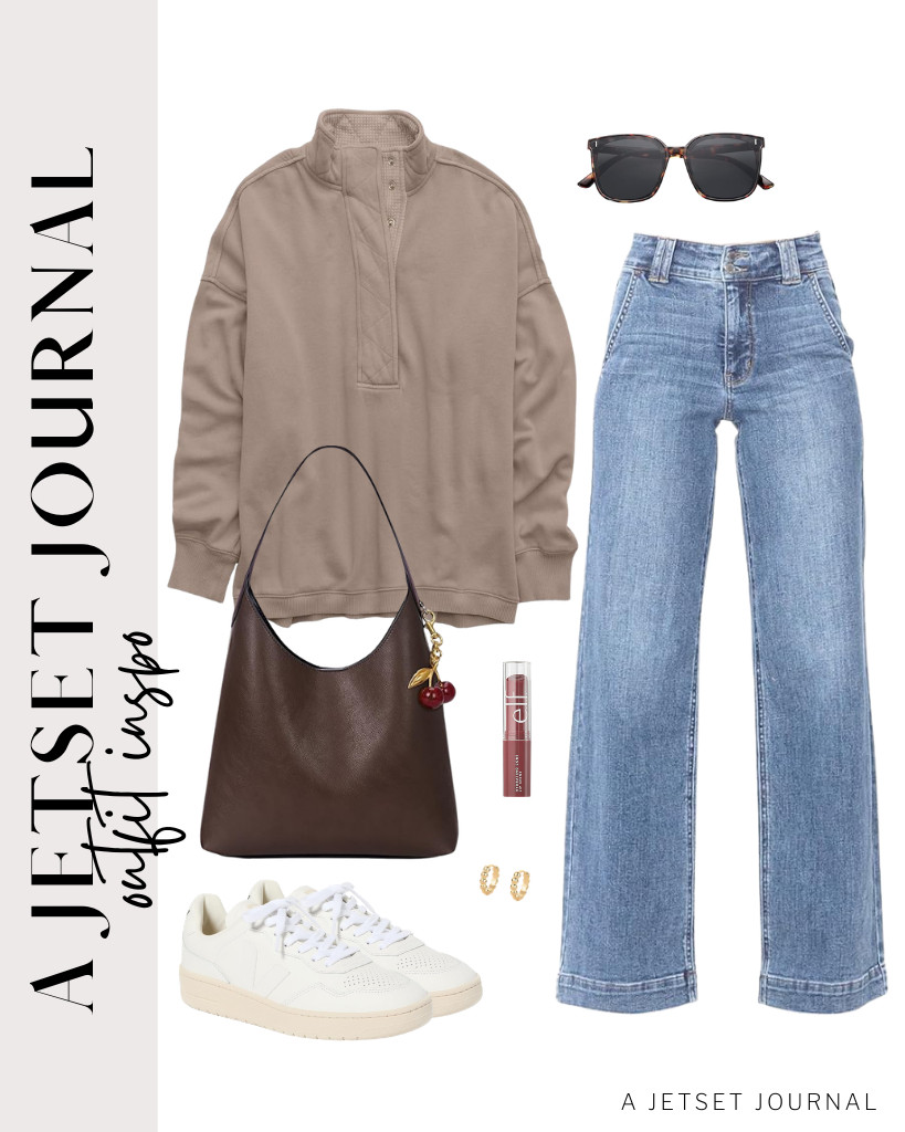 Pair a mocha long-sleeve pullover with denim pants and white sneakers. Accessorize with a faux suede shoulder bag and beaded huggie hoop earrings. Complete the chic look with stylish SOJOS vintage sunglasses! 

 #LTKSeasonal #LTKSaleAlert