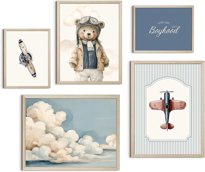 Teddy Bear Nursery Wall Art Decor Vintage Boy Room Pictures Baby Boy Nursery Canvas Wall Decor Bl... | Amazon (US)