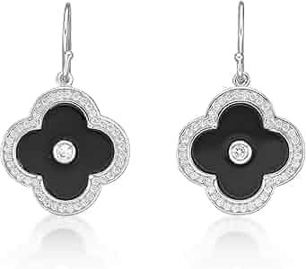 Black Onyx Flower Drop Earrings in 925 Sterling Silver with Rhodium Plating Fishhook by Lavari Je... | Amazon (US)