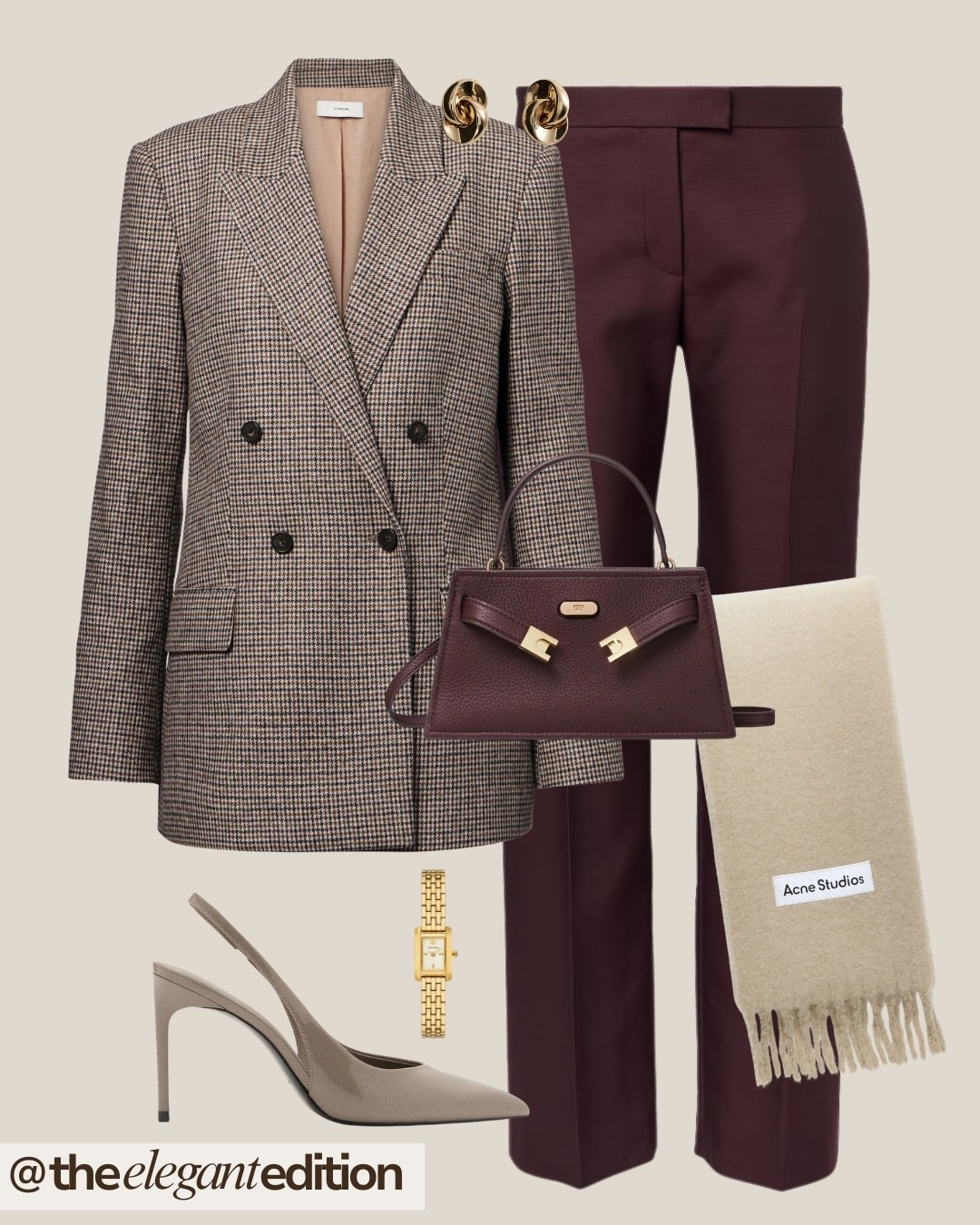 HOUNDSTOOTH & BURGUNDY POWER 🤎🍷
houndstooth checked blazer double breasted jacket burgundy wide leg trousers pants tailored Acne scarf beige cream gold earrings vintage watch taupe pumps heels burgundy leather handbag fashion autumn winter office outfit elegant Parisian style

#LTKeurope #LTKstyletip #LTKworkwear