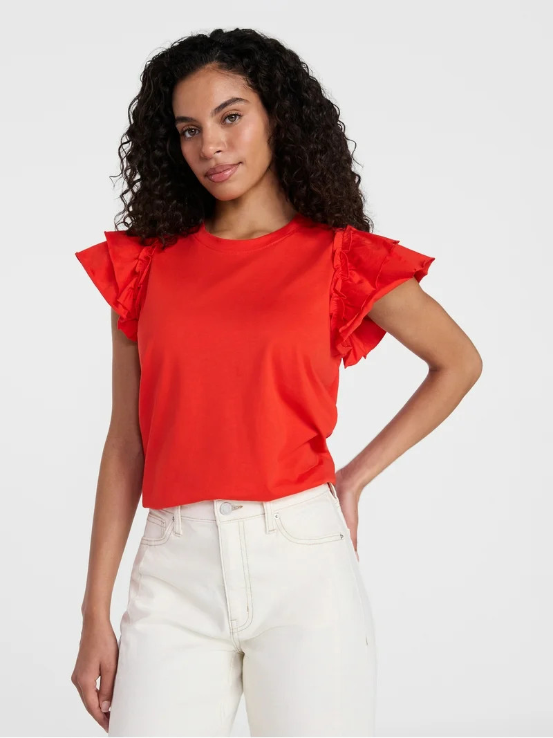 Time and Tru Women's Cotton Crewneck Tee with Ruffle Flutter Sleeves, Sizes XS-XXXL | Walmart (US)