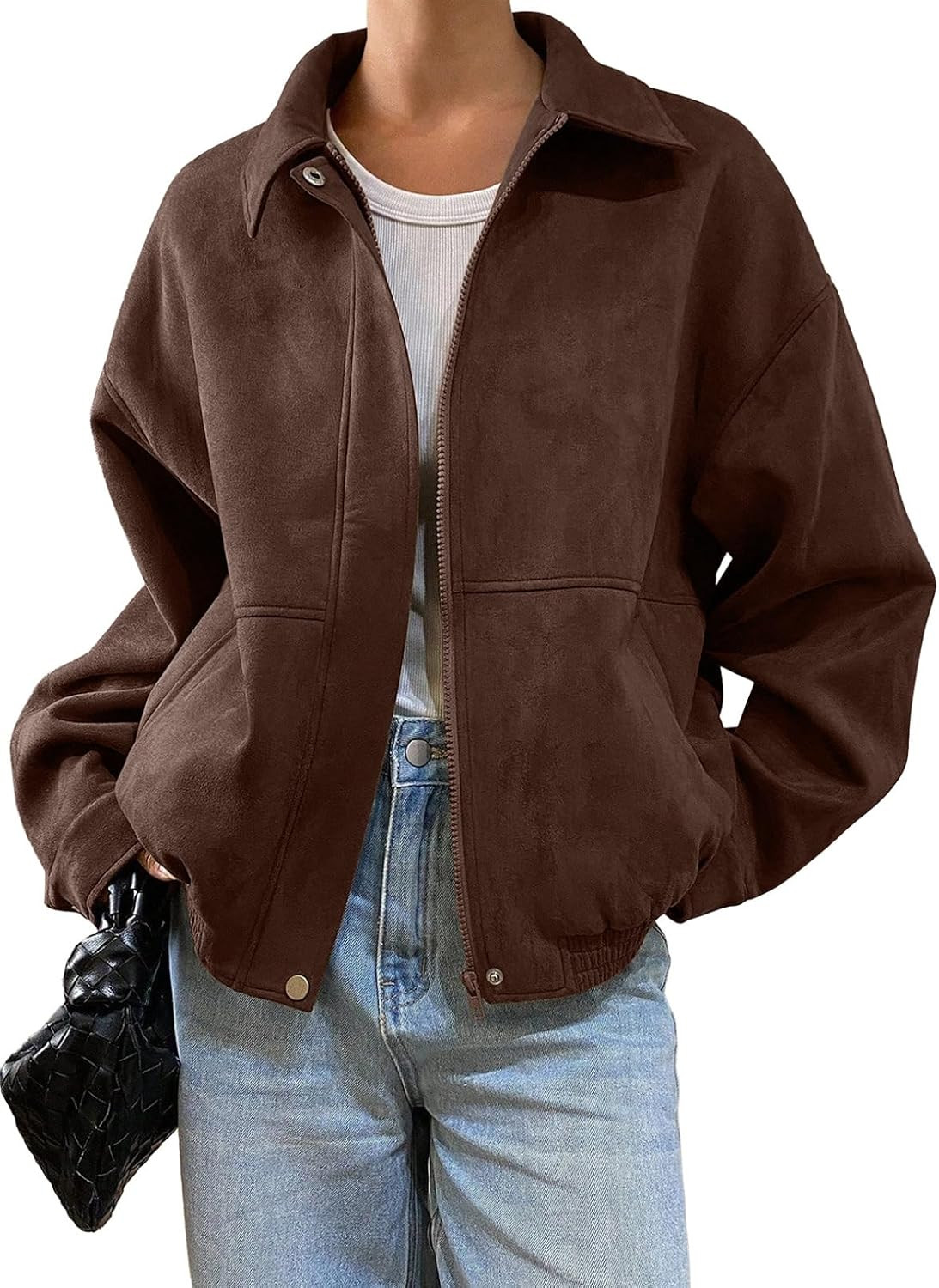 SHEWIN Women's Faux Suede Bomber Jacket Oversized Zip Up Cropped Coat | Amazon (US)