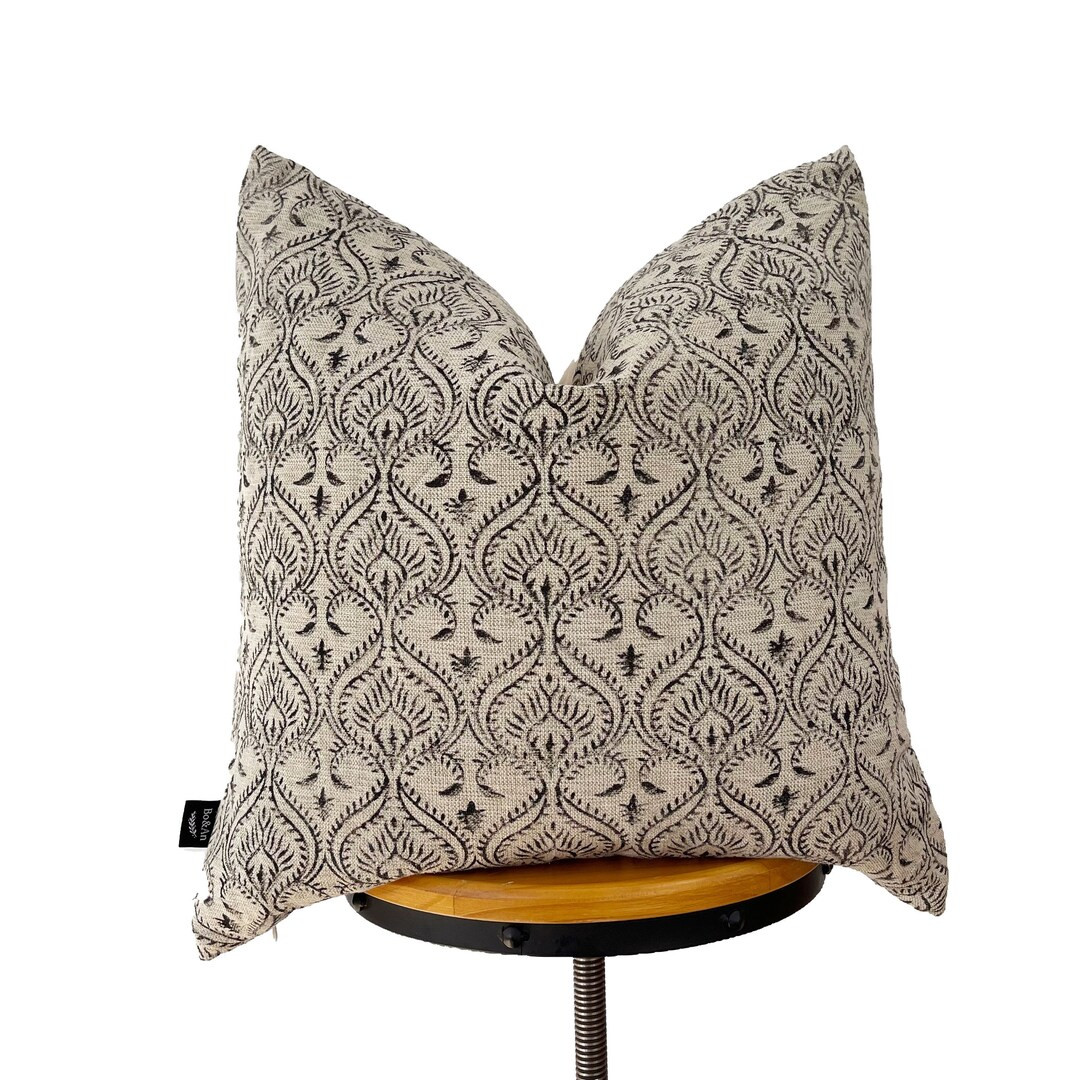 Block Print Linen Pillow, Black Floral and Natural Linen Pillow Cover - Etsy | Etsy (US)