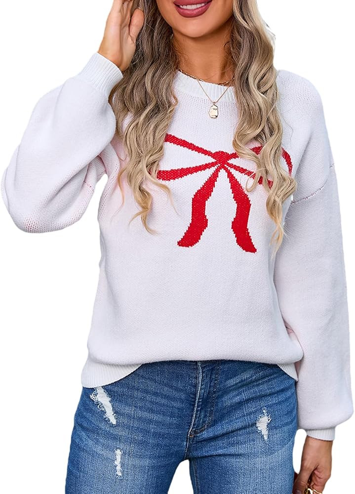 Women Y2K Fall Sweater Cute Bow Print Long Sleeve Cable Knit Pullover Casual Oversized Jumpers fo... | Amazon (US)