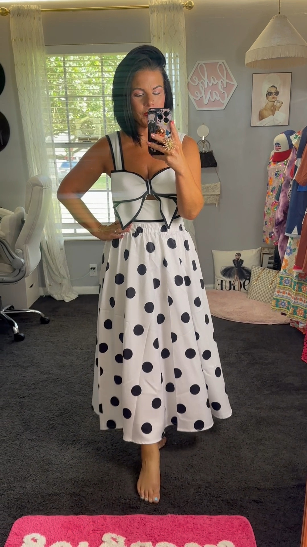 Polka Dots

FLAXMAKER Black and White Swimsuit Bow-tie Decor Women's Polka dot Print Skirt One Piece Bathing Suit with Skirt

Size medium- size up 1 
If you have a long torso I would pass on this one 

Amazon Swim

#LTKMidsize #LTKOver40 #LTKSwim