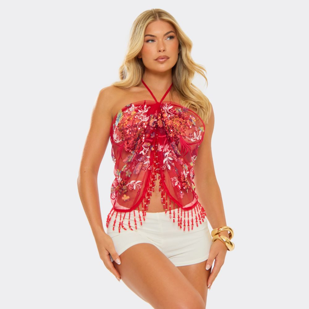 Halterneck Embellished Tassel Detail Top In Red | EGO (UK)