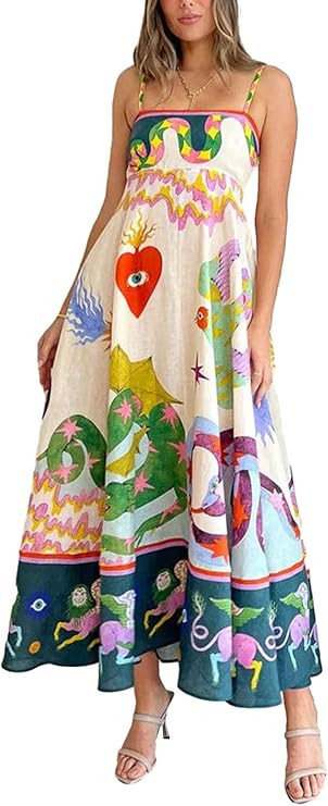 Women Boho Colorful Spaghetti Strap Dress Summer Vacation Beach Long Sun Dress RIC Rac Floral Flo... | Amazon (US)