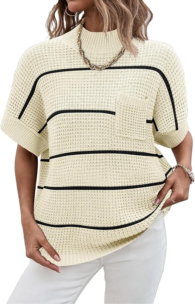 Women 2024 Sweater Vest Mock Neck Batwing Short Sleeve Oversized Ribbed Knit Tops Fall Pullover S... | Amazon (US)