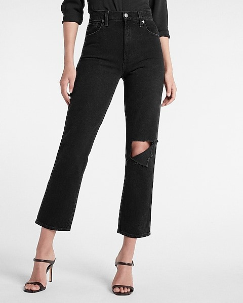 Super High Waisted Black Ripped Modern Straight Jeans | Express