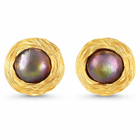 Gold Tone Textured Round Stud Earrings with Dark Pearl Center for Women | Walmart (US)