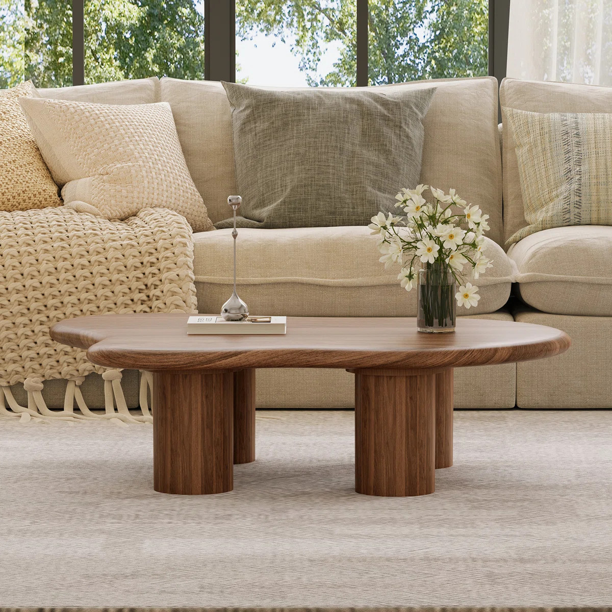 Modern Natural Style Coffee Table With Walnut Grain Free-Form Curved Tabletop And Four Cylindrica... | Wayfair North America