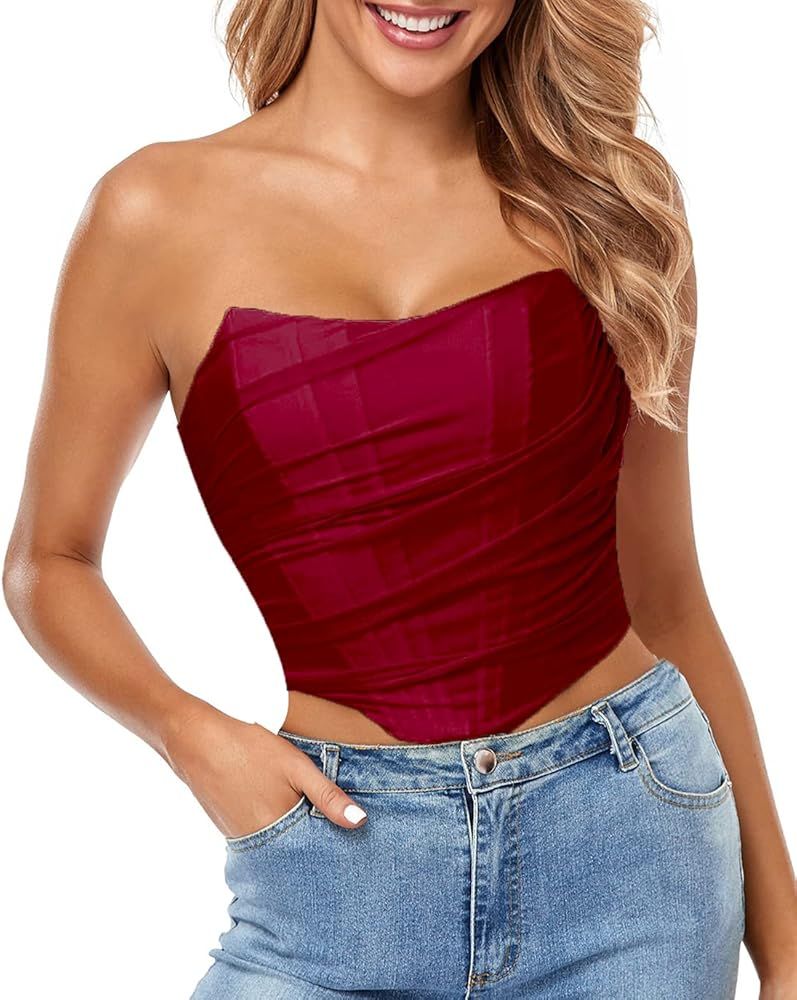 Arjungo Women's Sexy Strapless Boned Mesh Open Back Bustier Zip Up Corset Bodyshaper Crop Top | Amazon (US)