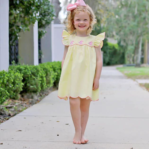 Pink Bunnies Yellow Scalloped Dress | Smocked Auctions