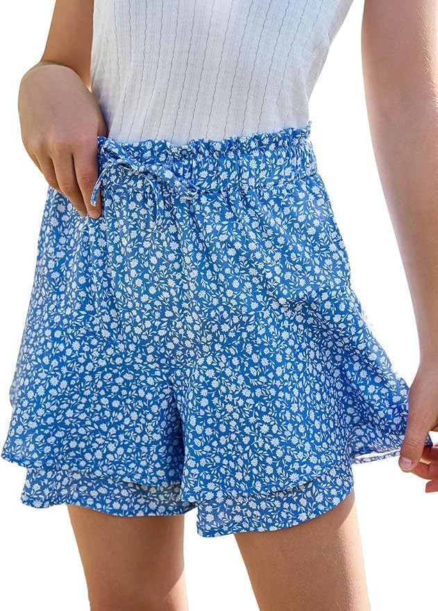 Girls Floral Skirts Kids Fashion Elastic High Waist Ruffle Flowy Shorts with Drawstring 5-14 Year... | Amazon (US)