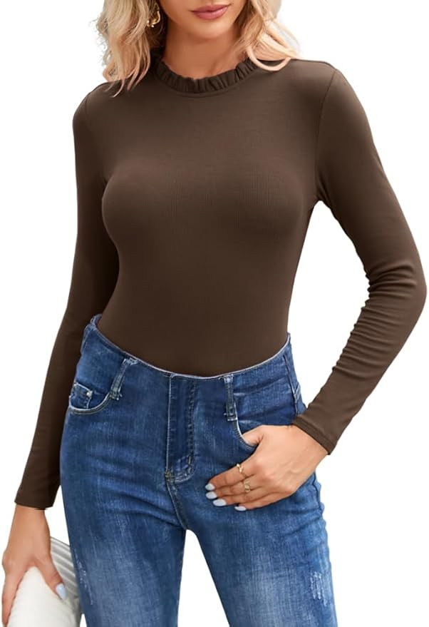 oten Women's Long Sleeve Ruffle Mock Turtle Neck Bodysuit Ribbed Slim Fit Basic Leotards Tops | Amazon (US)