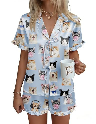 Ekouaer Satin Pajama for Women Short Sleeve Silky Pj Short Set Bow Front Tie Up Loungewear Sleepw... | Amazon (US)