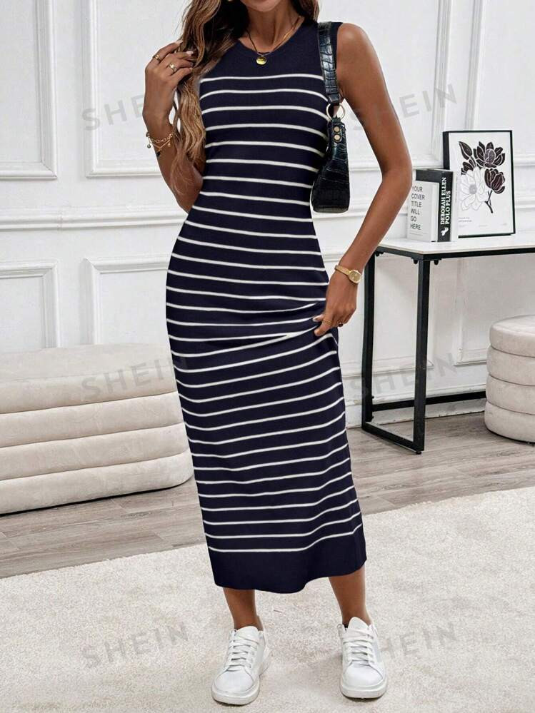 SHEIN Essnce Robe décontractée et confortable à rayures sans manches pour femmes | Mode en lig... | SHEIN